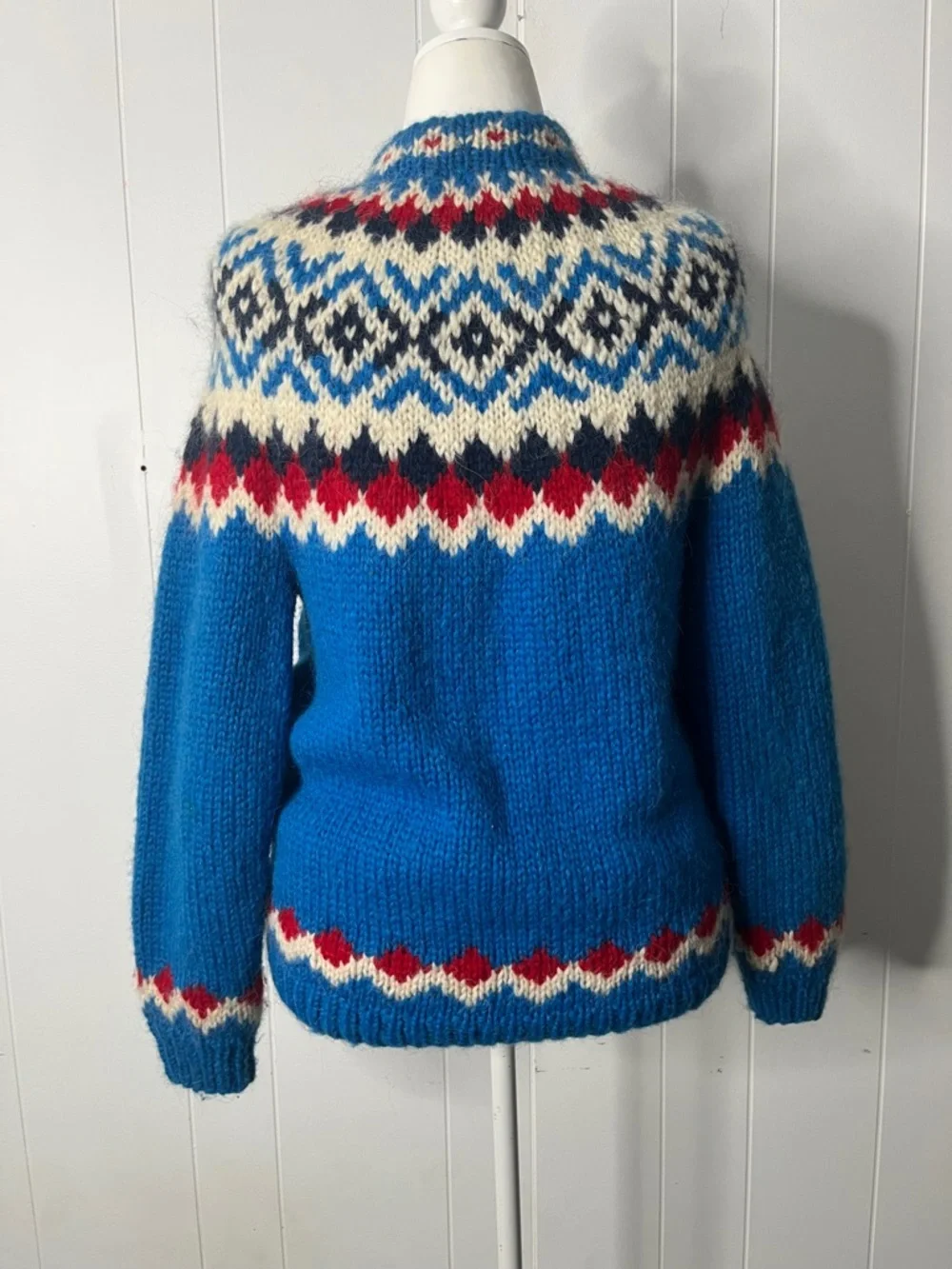 Icelandic 100% Wool Blue Fair Isle Women's Cardigan Sweater Chunky Knit Size L - Picture 5 of 7